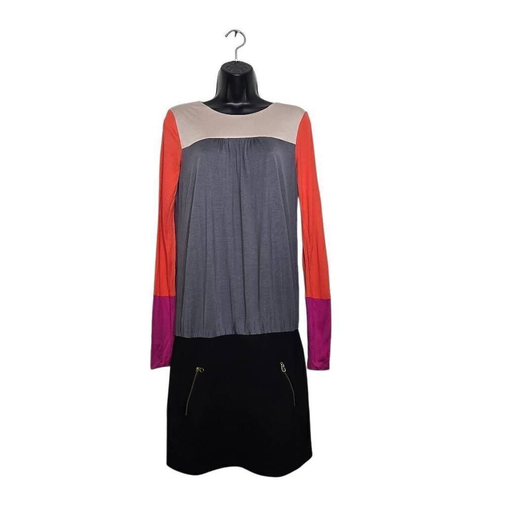 Ted Baker Dress Size 2 Silk Blend Long Sleeve Colorblock Gray Black Orange